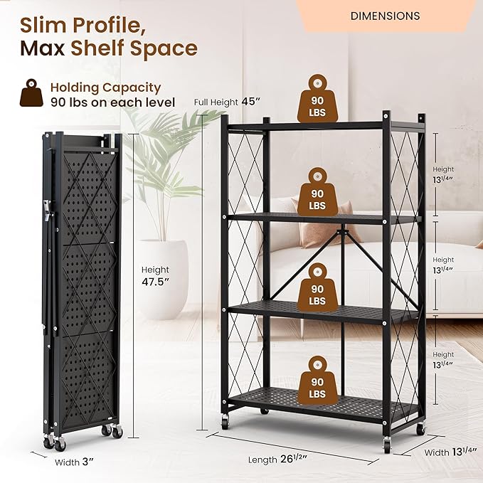 Our Modern Space 4-Tier Foldable Storage Shelf with Wheels | Metal Rack Collapsible Shelving Display | Rolling Cart for Books Kitchen Storage Shelves | Pantry & Closet Organizer | Office Room Decor