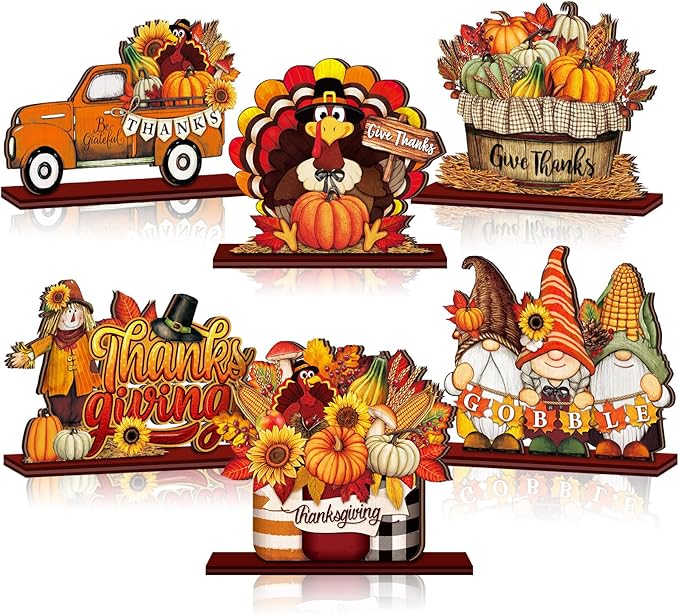 Cinnvoice 6 Pcs Thanksgiving Turkey Table Decorations Wooden Table Centerpieces Rustic Wood Tabletop Sign Decorations for Home Kitchen Office Farmhouse Desk Shelves Party Tiered Tray Decor