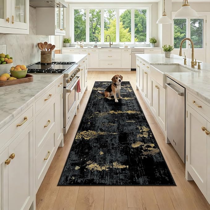 RELEANY Washable Area Rugs 2'6''x8 Non-Slip Modern Abstract Soft for Living Room Entryway Bedroom Nursery, Print Pattern, Dark Black Gold