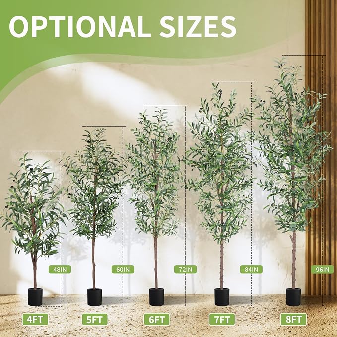 Artificial Olive Tree, 4FT Tall Faux Olive Trees 48in Outdoor Fake Potted Silk Plant with Trunk and Realistic 436 Leaves and 16 Fruits for Modern Office Home Decor（1pack）