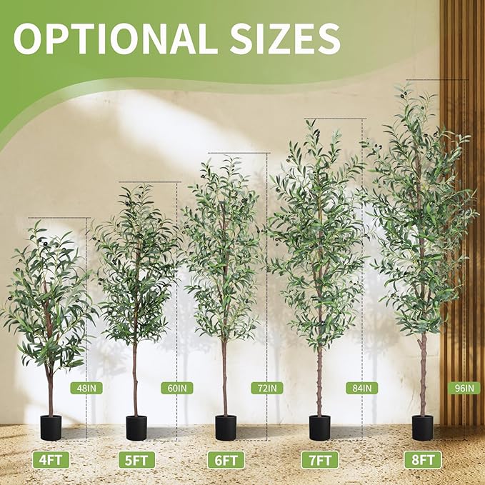 Artificial Olive Tree, 7FT Tall Faux Olive Trees 84in Outdoor Fake Potted Silk Plant with Trunk and Realistic 1048 Leaves and 40 Fruits for Modern Office Home Decor Indoor（1pack）