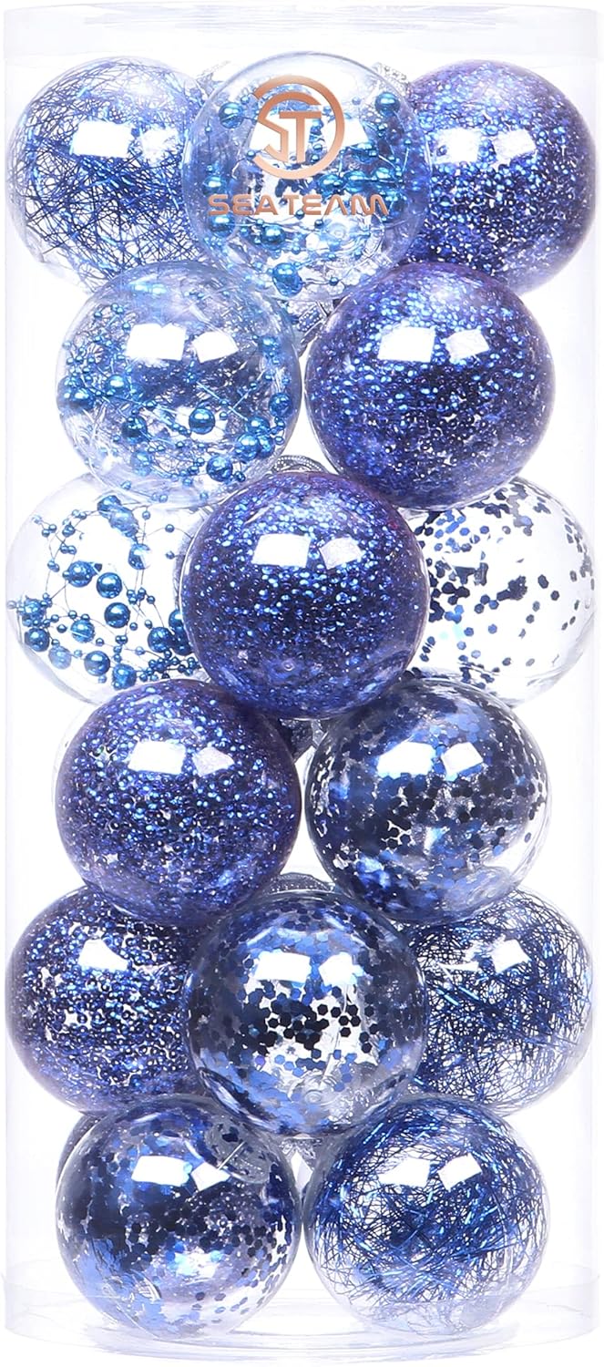 Sea Team 70mm/2.76" Shatterproof Clear Plastic Christmas Tree Ball Ornaments Set, Decorative Hanging Transparent Xmas Baubles with Stuffed Delicate Decorations (24 Counts, Royal Blue)