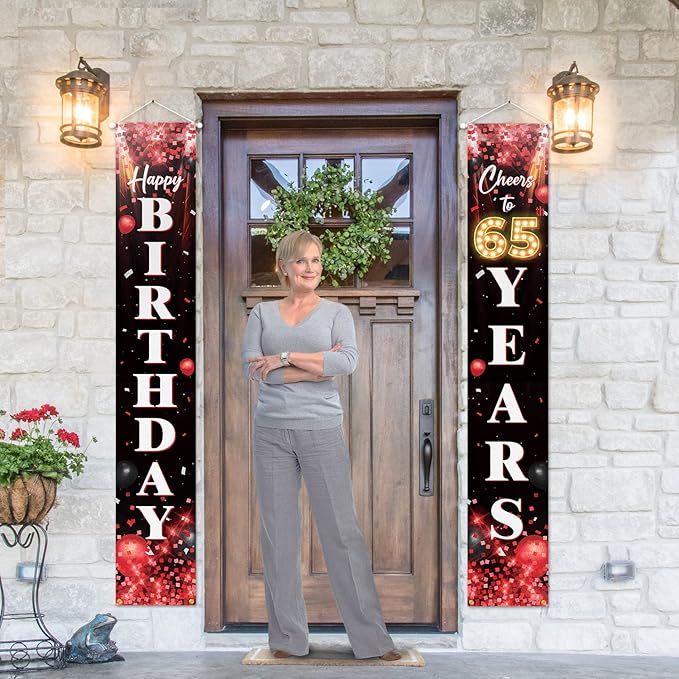 Happy 65th Birthday Porch Sign Door Banner Decor Red and Black – Glitter Cheers to 65 Years Old Birthday Party Theme Decorations for Men Women Supplies