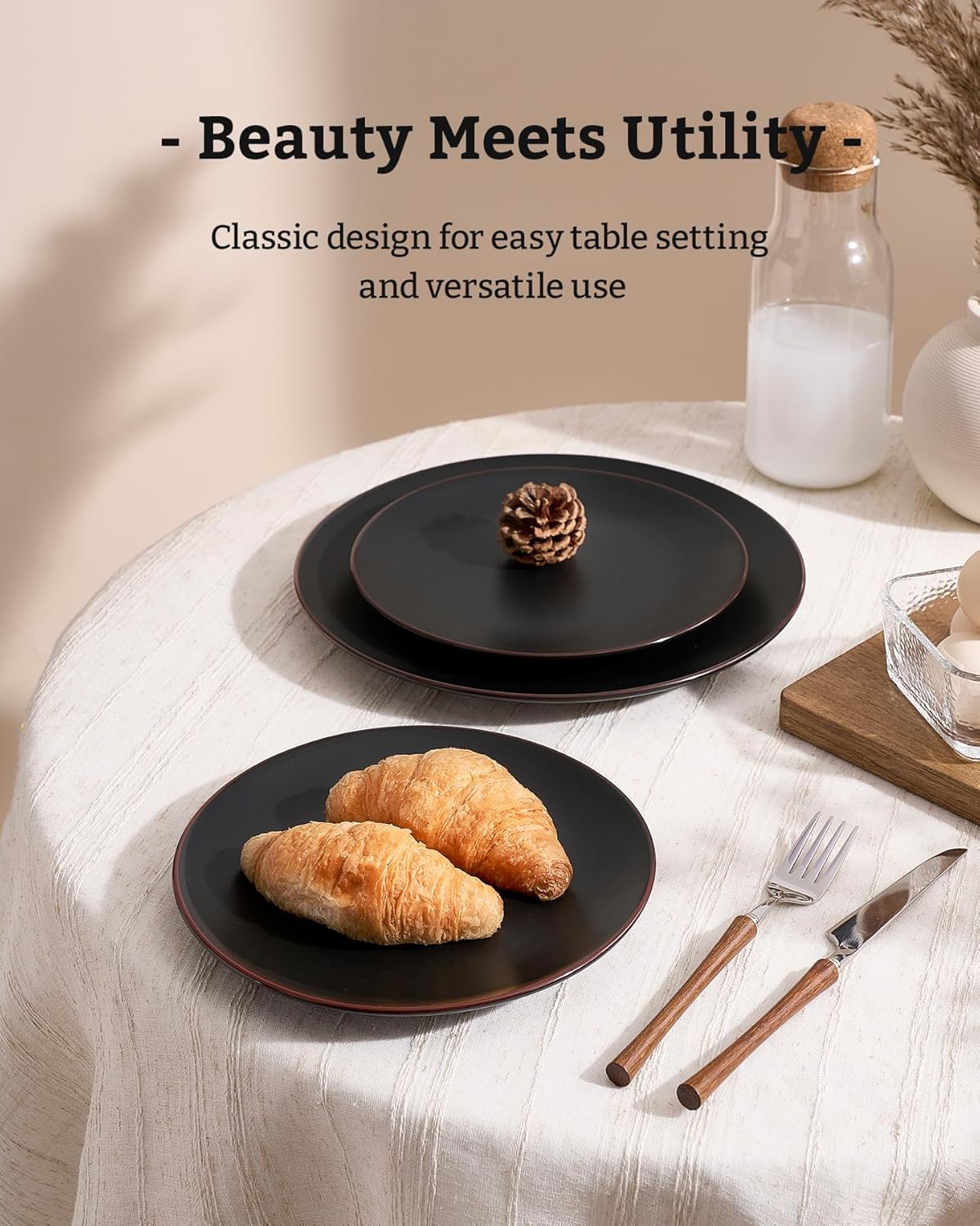 Famiware Venus Ceramic Plates and Bowls Sets, Dinnerware Dish Sets for 8 (24 Pieces) - Microwave and Dishwasher Safe, Matte Black