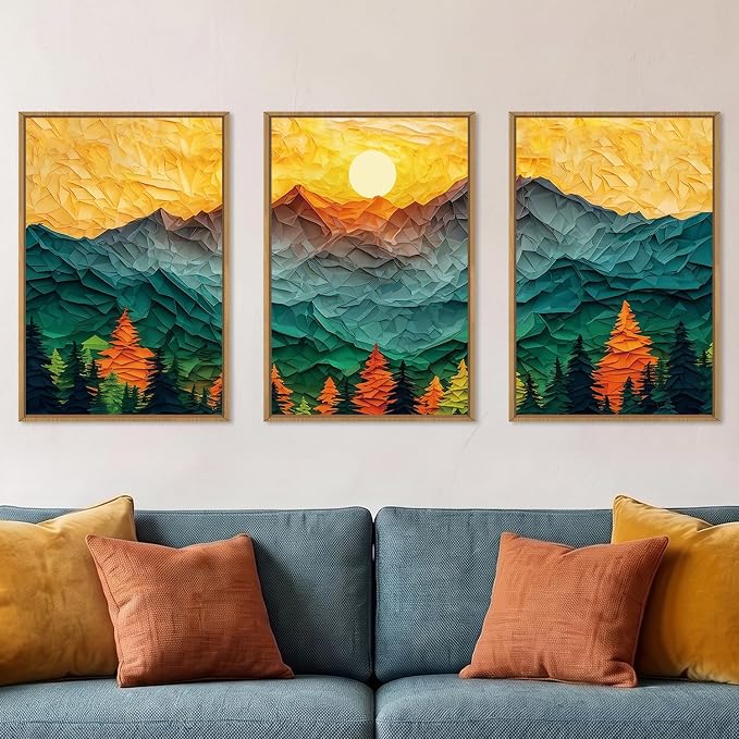 Abstract Boho Mountain Framed Canvas Wall Art Set,Golden Teal Pine Tree Sunset Wall Decor,Papercraft Sun Forest Landscape Art Print for Living Room,Bedroom,Dining Room,Office-16 x24 x3