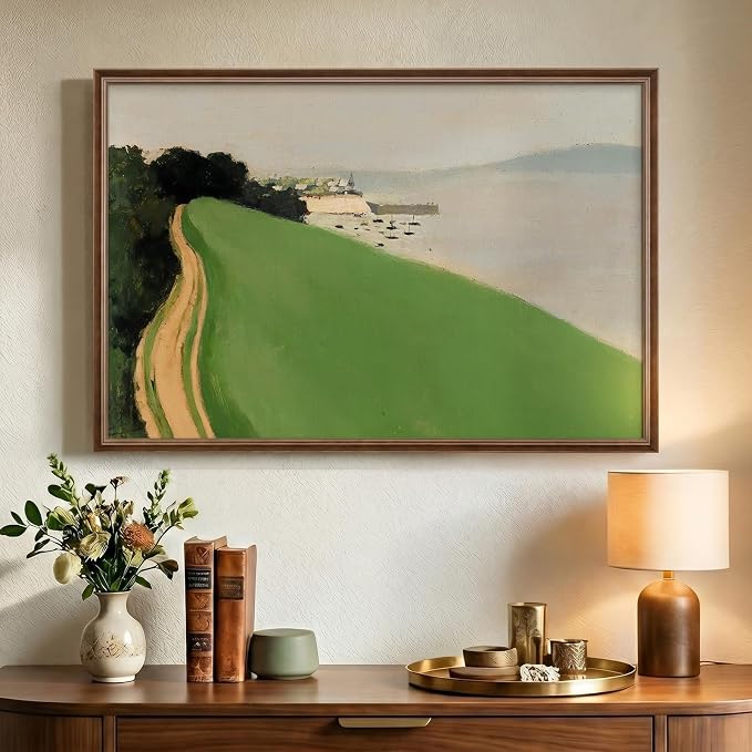Vintage Framed Green Abstract Landscape Wall Art, Modern Minimalist Coastal Canvas Paintings Artwork for Walls, Rustic Nature Pictures for Living Room Bedroom Dining Room Office Wall Decor, 24x36 In