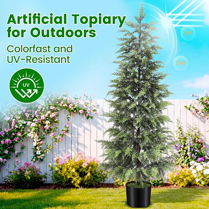 ENVEN Outdoor Artificial Topiary Cedar Tree Real Touch Faux Pine Evergreen Shrub Plant UV Resistant Greenery Tree with Pot Realistic Cypress Front Porch Decor (5FT-2Pack)