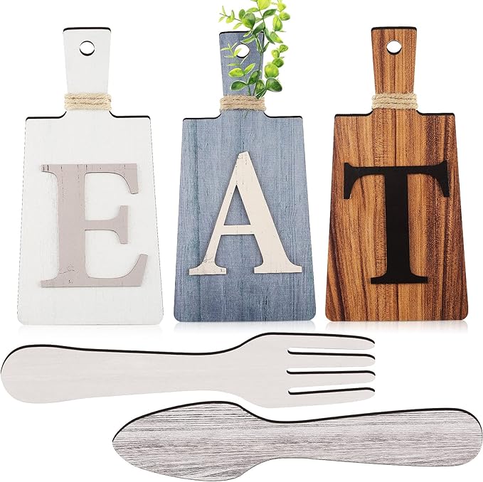 Jetec Cutting Board Eat Sign Set Hanging Art Kitchen Eat Sign Farmhouse Fork and Spoon Wall Decor Rustic Primitive Country Kitchen Decor for Home over Cabinet Decoration(Gray, White, Brown)