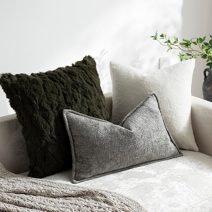 DEZENE Pack of 2 Grey Decorative Throw Pillow Covers 12x20 Cozy Soft Chenille Accent Vintage Rectangular Lumbar Couch Pillow Covers for Home Decor Bed Sofa Living Room