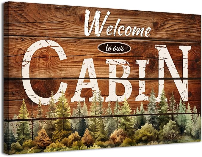 Rustic Farmhouse Cabin Wall Art Living Room Welcome Sign Pictures Bedroom Wall Decor Nature Pine Trees Forest Brown Woodsy Grain Canvas Prints Lodge Woodland Painting Nursery Home Decoration 12x16in