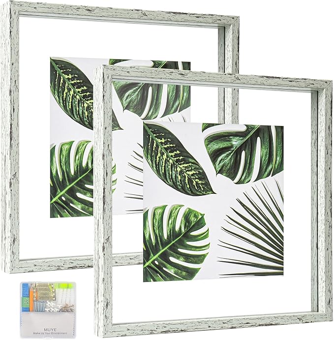 MUYE 12x12 Floating Frame Distressed Sage Green Wood Pattern Double Glass Square Picture Frame Set of 2 Display Any Size Photo up to 12x12,Wall Mount or Tabletop