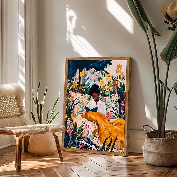 Framed Black Woman Reading Wall Art, Boho Black Girl Colorful Floral Paintings Wall Decor, African American Pictures Canvas Prints Aesthetic Home Decor for Living Room Bedroom Dorm 12x16 inch
