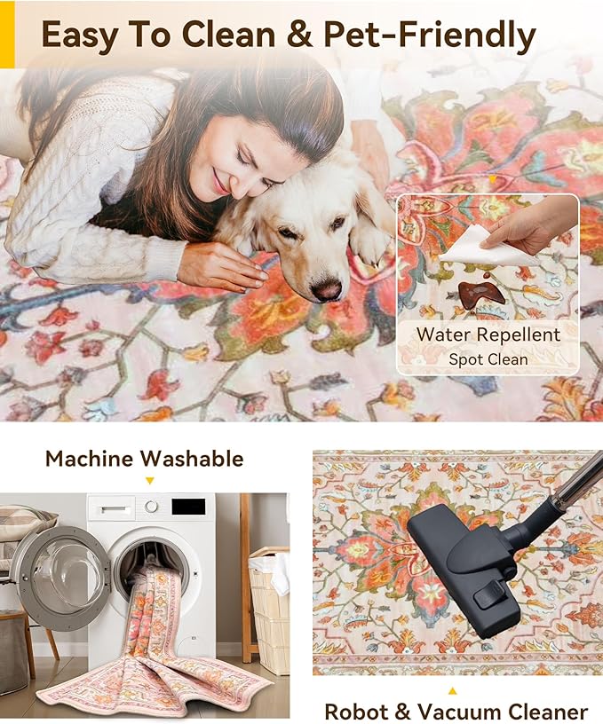 RELEANY Area Rugs 8'x10' Washable Non-Slip, Floral Vintage Distress Print Pattern Medallion Carpet for Living Room Bedroom Dining Room, Light Pink Colorful