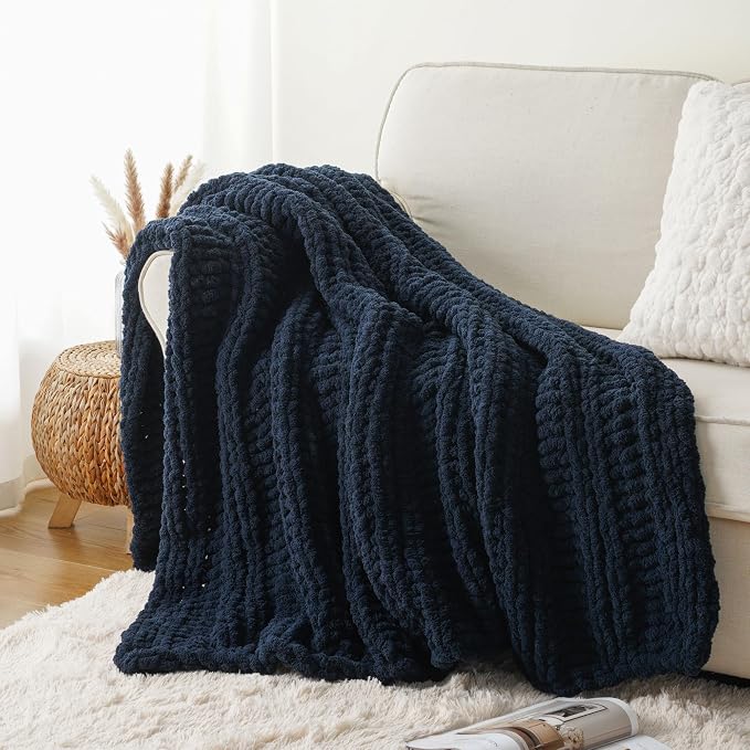 Battilo Chunky Knit Throw Blanket for Couch, 50"x60", Navy Blue | Hand Knit, Gift Blanket, Cozy Warm Thick Soft Chenille Throw Blanket for Bed, Sofa, Chair, Living Room