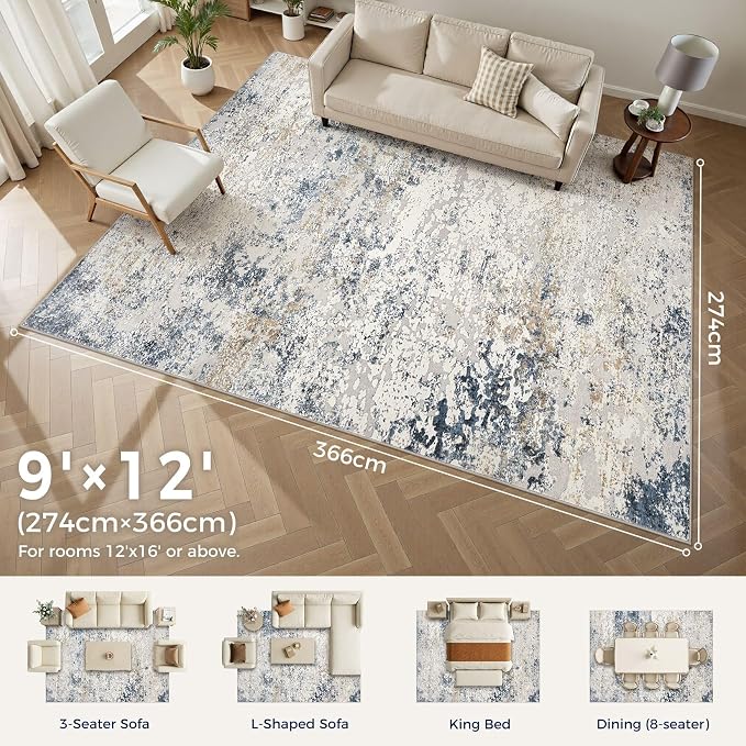 Area Rug Living Room Rugs - 9x12 Abstract Large Soft Indoor Washable Rug Neutral Modern Low Pile Carpet for Bedroom Dining Room Farmhouse Home Office - Beige Blue