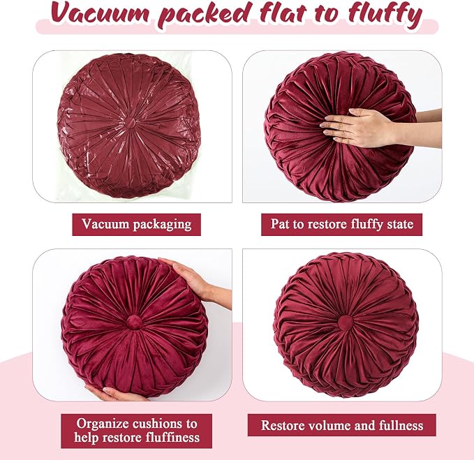 Drydiet 1 Pcs Round Throw Velvet Pillows Decorative Pleated Throw Pillows Diameter Accent Pumpkin Boho Chair Cushion for Couch Sofa Home Decoration (Burgundy,15'')