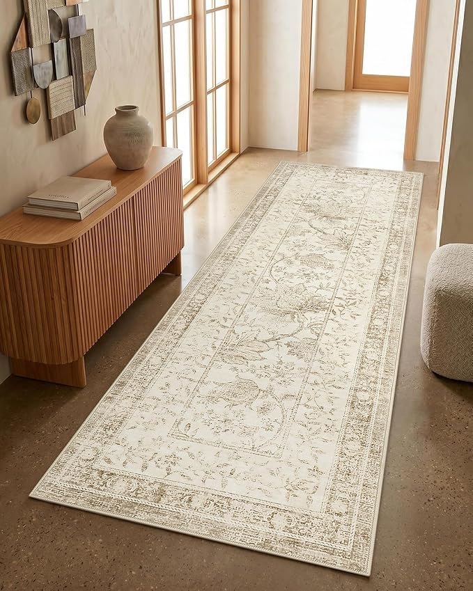 GarveeHome Vintage Beige Non-Slip Washable 2x6 Kitchen Runner Hallway Rug Cottage Core Retro Farmhouse Low-Pile Stain Resistant Rugs for Entryway Bathroom Bedroom TPE Backing
