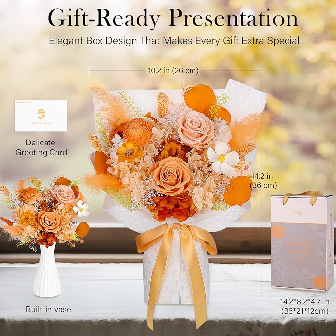 Preserved Flowers Bouquet - Forever Flowers for Delivery, Eternal Roses Bouquet That Last 3 Years, Mothers Day Gifts for Mom Grandma Wife, Anniversary Birthday Gifts for Women, Light Orange