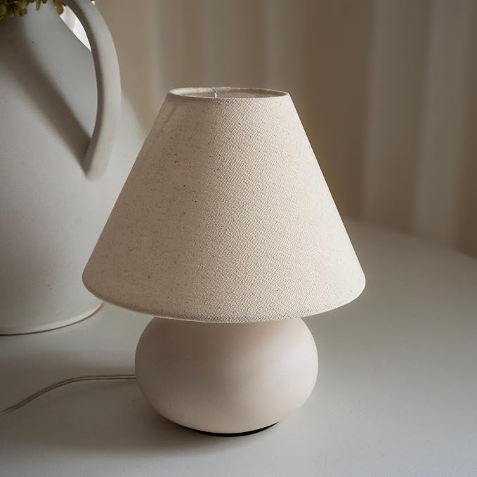 11" Small Table Lamp – Handmade Round Ceramic Cream Base with Off-White Fabric Shade, Dimmable Plug-in Nightstand or Accent Light – Organic Boho Japandi Decor for Bedroom or Small Spaces