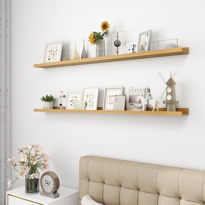 Acovy Picture Ledge Shelf, Wood Long Floating, Set of 2, 56 inch, Oak | Wall Mounted, For Living Room Kids' Room Bedroom, Photo Ledge Nursery Book Shelves