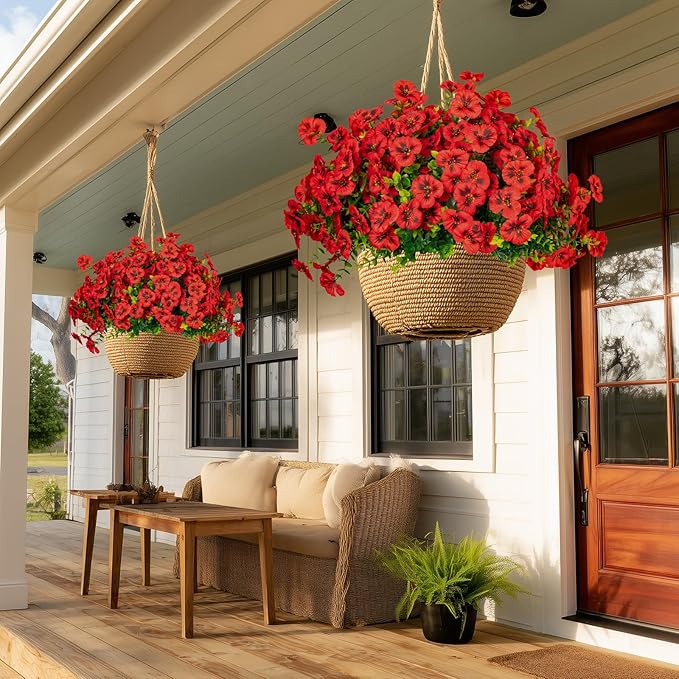 24 Pcs Artificial Fake Pansy Flowers for Outdoor,Faux Silk Plants Flowers UV Resistant Pansies Spring Flowers for Planter Front Door Porch Yard Patio Garden Window Box Home Decor(Red)