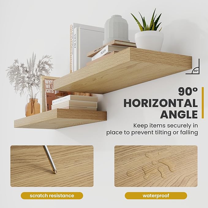 Acovy 72 Inch Floating Shelves, 9.3" Deep Floating Shelf Wall Mounted, 72" Wall Shelves, Rustic Deep Bookshelf, Large Display Shelves & Storage Shelves for Bedroom, Living Room, Oak, Set of 1