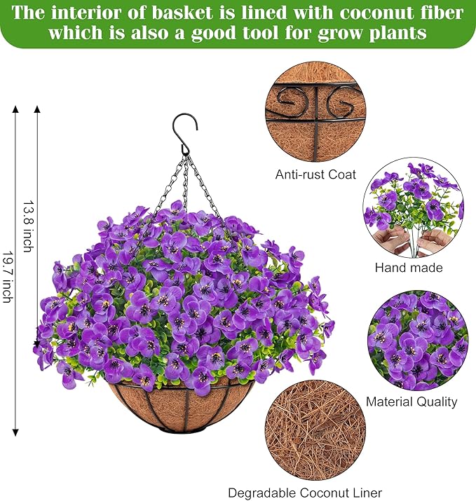 Artificial Hanging Flowers with Baskets for Outdoors, Fake Silk Pansy Flowers UV Resistant Faux Hanging Plants for Front Porch Patio Yard Home Spring Summer Decoration, Purple