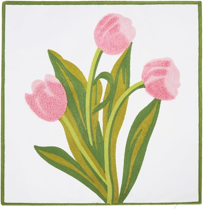 Embroidery Throw Pillow Cover 18x18 Home Decor Tulip Flower Loop Embroidered Floor Pillow Cover for Couch 100% Cotton Canvas Pillow Case Floral Cushion Cover 45x45cm, Pink Tulip, 1 Piece
