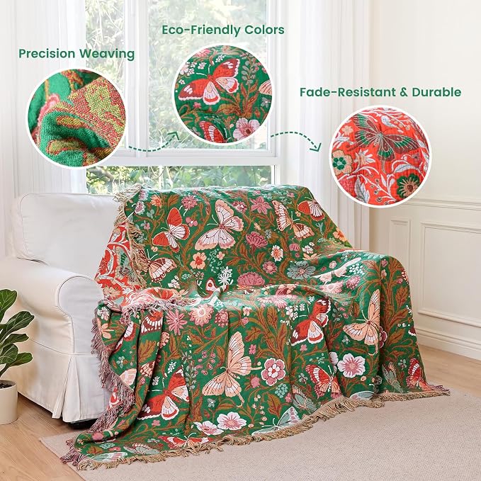 MSGKV Boho Throw Blanket for Bed 60"x80" Butterfly Floral 100% Cotton Couch Blanket Summer Breathable Lightweight Farmhouse Twin Size Blankets for Sofa Home Decor Muslin All Seasons