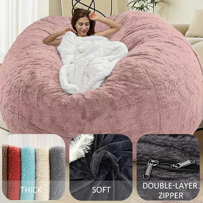 BCU Bean Bag Cover Comfy Beanbag Chair for Adults Without Filler Faux Fur Lazy Sofa Cover for Living Room Chairs, Pink, 3.5FT