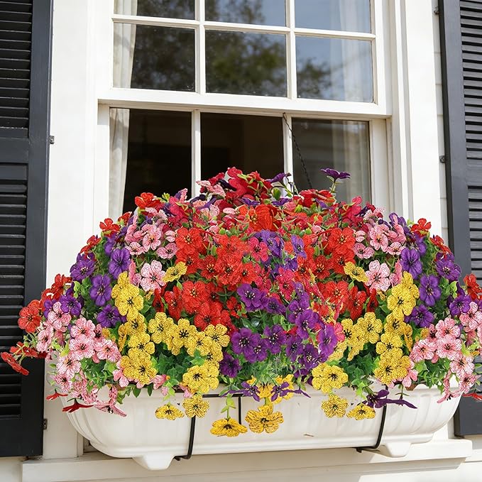 Senjie 12 Bundles Artificial Flowers Bulk for Outdoor Decor, UV Resistant Fake Plastic Flowers, Faux Flowers for Porch Patio Window Boxwood Garden