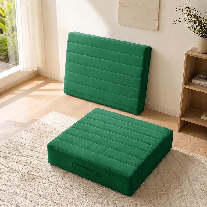 JKMAX 2 Pcs High Density Foam Floor Pillow - Upgraded Large Pillows Seating for Adults - Outdoor Floor Cushion with Soft Tufted Cover - Yoga Pillows for Sitting On Floor - 22 Inch Green