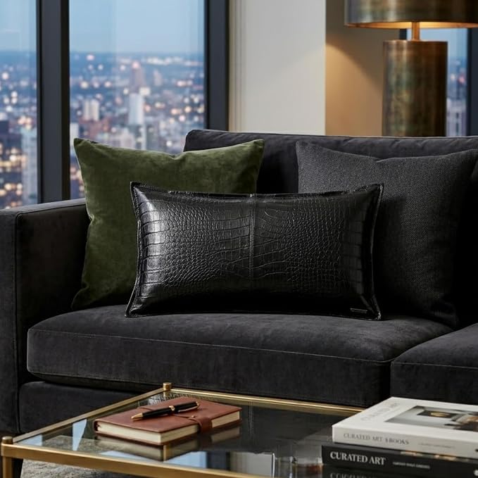 Genuine Leather Pillow Cover Case for Lumbar Throw Couch Pillows - Modern Farmhouse Decorative Sofa Thick & Soft Cushion Covers (Croc Black, 12" x 20")