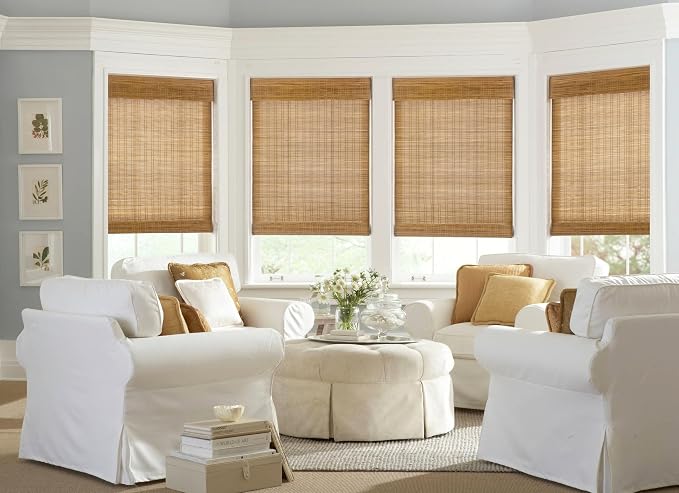 LazBlinds No Drill Bamboo Roman Shades, 35x64, Ceylon Light Russet | Light Filtering Window Treatment, No Tools Cordless Roll Up Bamboo Blinds for Window