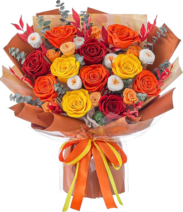 Polylove Flowers for Delivery Prime Forever Flowers Bouquet Preserved Roses Bouquet Flower Gift for Women Wife Mother Day Graduation Birthday (Orange, Big)