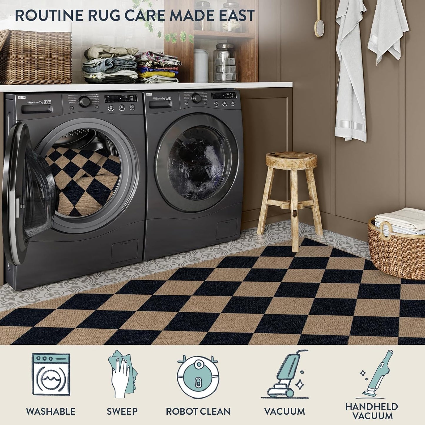 Lahome Checkered Easy Jute Entry Rug, 3x5 Black Outdoor Patio Rug for Living Room Farmhouse Neutral Carpet, Washable Non Slip Indoor Door Mat Diamond Carpet for Front Door Deck Camping