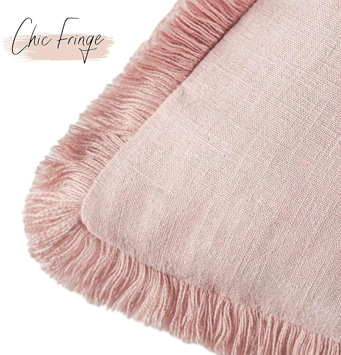 Foindtower Set of 2 Decorative Linen Fringe Throw Pillow Covers Boho Farmhouse Cushion Cover with Tassels Soft Accent Pillowcase for Couch Chair Sofa Bed Living Room Home Decor,20×20 Inch,Light Pink