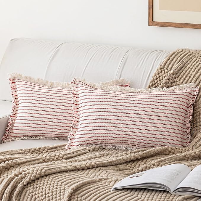 YEENAASY Throw Pillow Covers 12x20 Set of 2 Striped Fringe Pillow Cover Farmhouse Cushion Covers with Tassel Neutral Boho Pillows Decorative Square Pillowcase for Couch Sofa Bed, Red