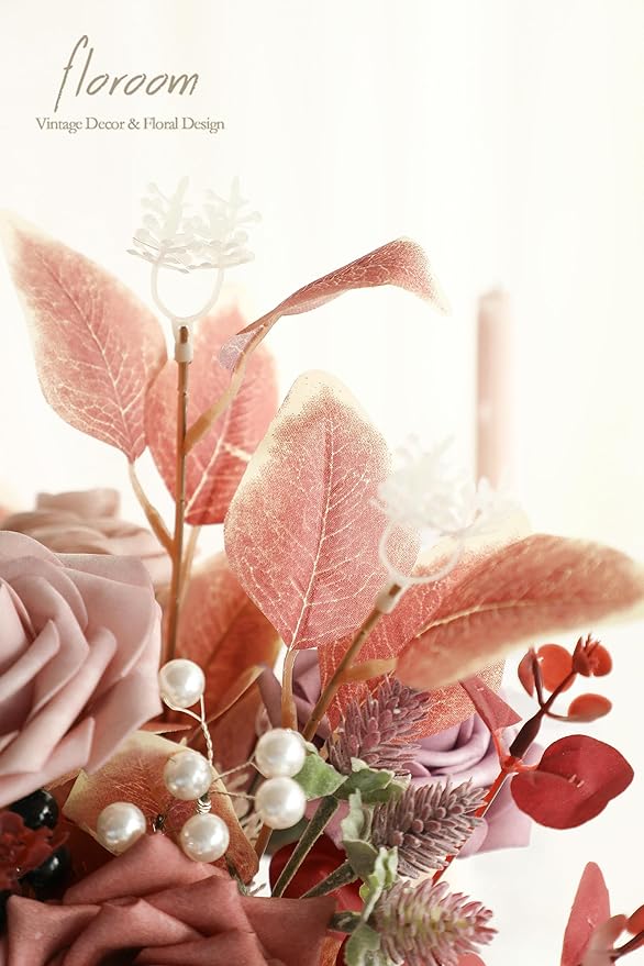 Floroom Artificial Greenery Stems Box Set, 30pcs with 7 Kinds of Faux Greenery Flowers Picks for DIY Bridal Bouquets Wedding Floral Arrangement Table Centerpieces, Burgundy & White