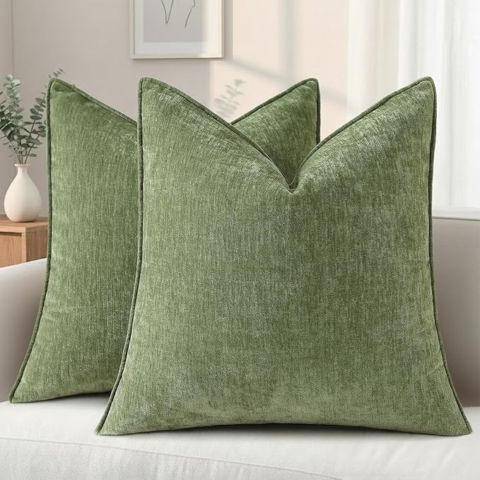 decorUhome Summer Couch Throw Pillow Covers 20x20 Set of 2, Decorative Soft Velvet Modern Cozy Chenille Pillow Cases with Elegant Design for Sofa Bed Living Room Home Decor, Olive Green