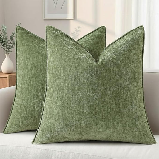 decorUhome Summer Couch Euro Sham Throw Pillow Covers 24x24 Set of 2, Decorative Soft Velvet Modern Cozy Chenille Pillow Cases with Elegant Design for Sofa Bed Living Room Home Decor, Olive Green