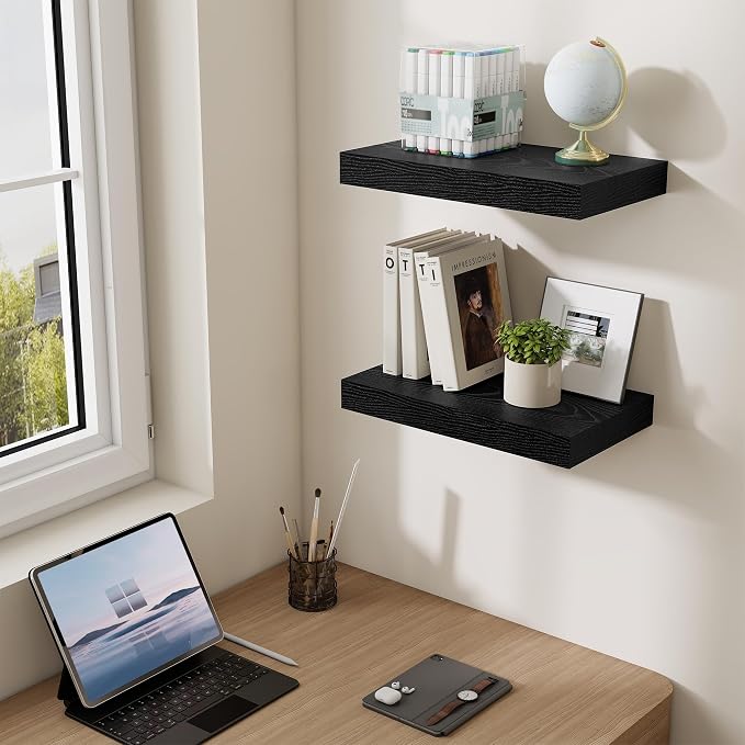 Dreamland 16" Black Floating Shelves 6.7" Deep Wall Mounted Set of 2 | Wall shelves for bathroom, bedroom, Living Room, kitchen, deep wall mount wood storage display for home decor 16" x 6.7"