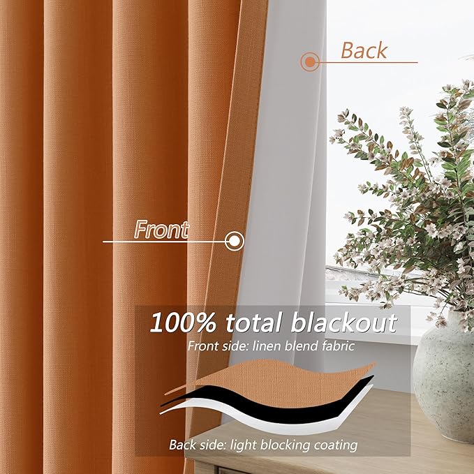 Guken Orange 100% Blackout Linen Curtains 84 Inch Length 2 Panels Set for Living Room Bedroom Back Tab Thermal Insulated Black Out Drapes Room Darkening Farmhouse Window Curtains 84 Inches Long