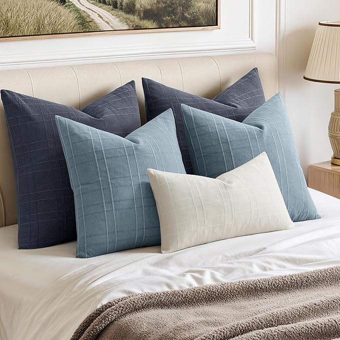 MIULEE Decorative Linen Check Euro Shams Throw Pillow Covers Neutral Farmhouse Vintage Pillow Covers 26x26 Set of 2 Boho Modern Home Decor for Sofa Couch Bedroom Cushion Navy Blue