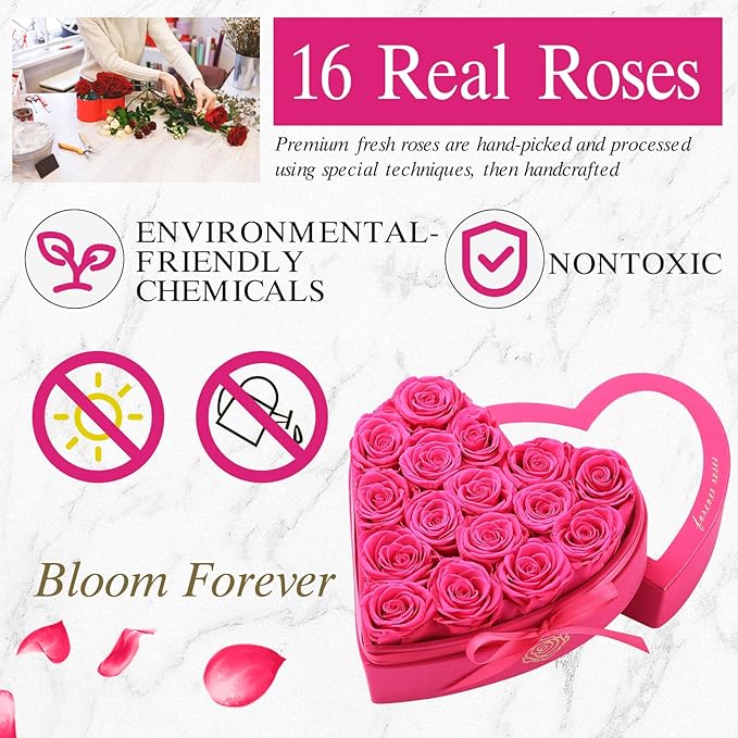 HERBMOTG 16 Forever Real Roses in Heart-Shaped Box with a Curved Design, Grade A Quality-Preserved Roses for Birthday, Mothers Day & Valentines Day (Magenta)