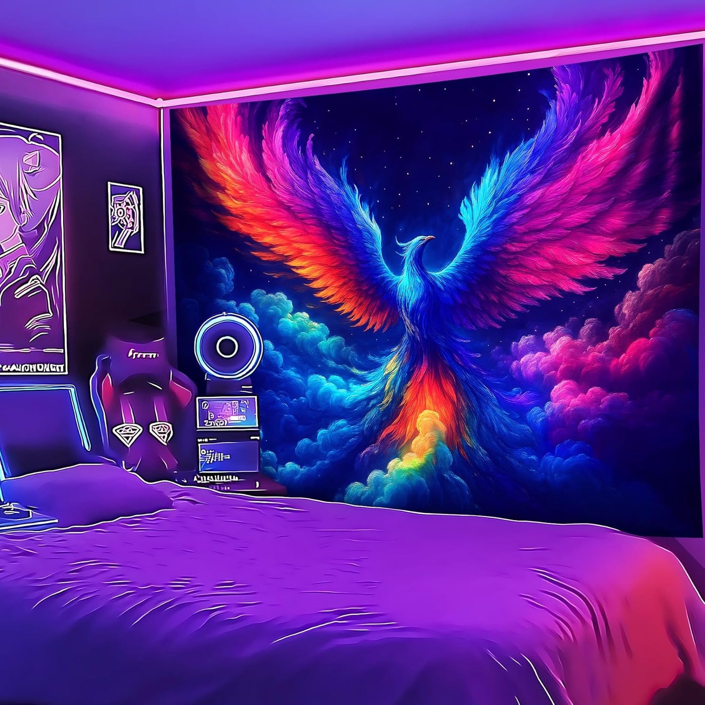 Blacklight Tapestry,WingTapestry Glow In The Dark,UV Reactive Black Light Upright Posters Wall Hanging for Bedroom Dorm Living Room Backdrop Decor (wing17, 90L" x 70W")