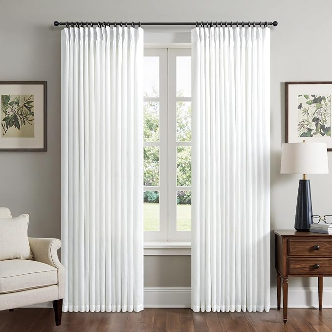 White Linen Curtains 80 Inches Long for Living Room Pinch Pleat Back Tab Thick Linen Textured Pleated Drape Hooks Rings Light Filtering Semi Sheer Snow White Bedroom Window Curtain 80 Length 2 Panels