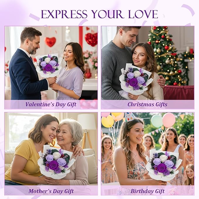 Preserved Flowers Bouquet 4 Roses with Vase,Flowers for Delivery Prime That Last 3-5 Years Real Forever Flowers Rose Bouquet for Mom Mother Women Wife Friends Birthday Mother's Day