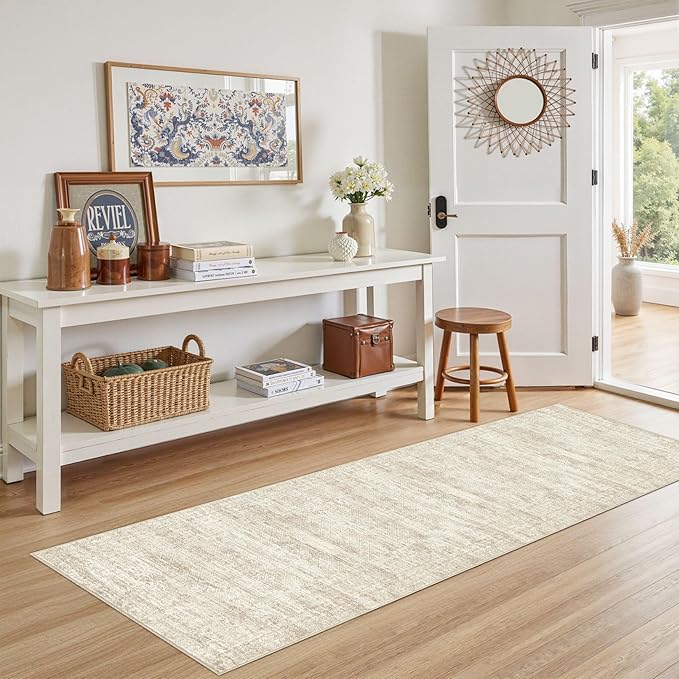 UERMEI 3X8 Washable Runner Rug for Hallway: Soft Neutral Modern Abstract Area Rug - Non-Slip Low Pile Long Throw Indoor Carpet for Kitchen Entryway Kitchen Bedroom Laundry Bathroom - Beige/Brown