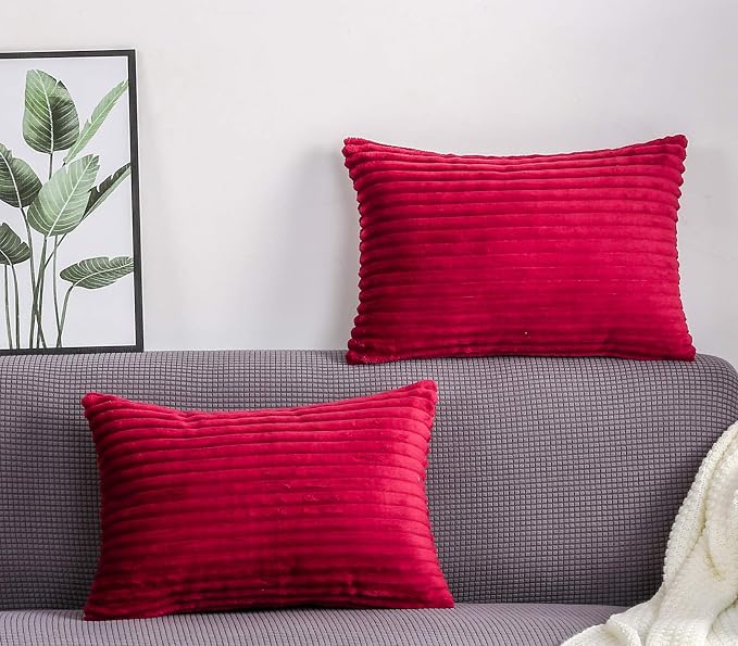 TangDepot Velvet Big Corduroy Pillow Covers 12x20 Deep Red 2-Pack | Soft wide-stripe corduroy pillow cover, hidden zipper, machine washable, easy refresh, for bedroom living room indoor outdoor
